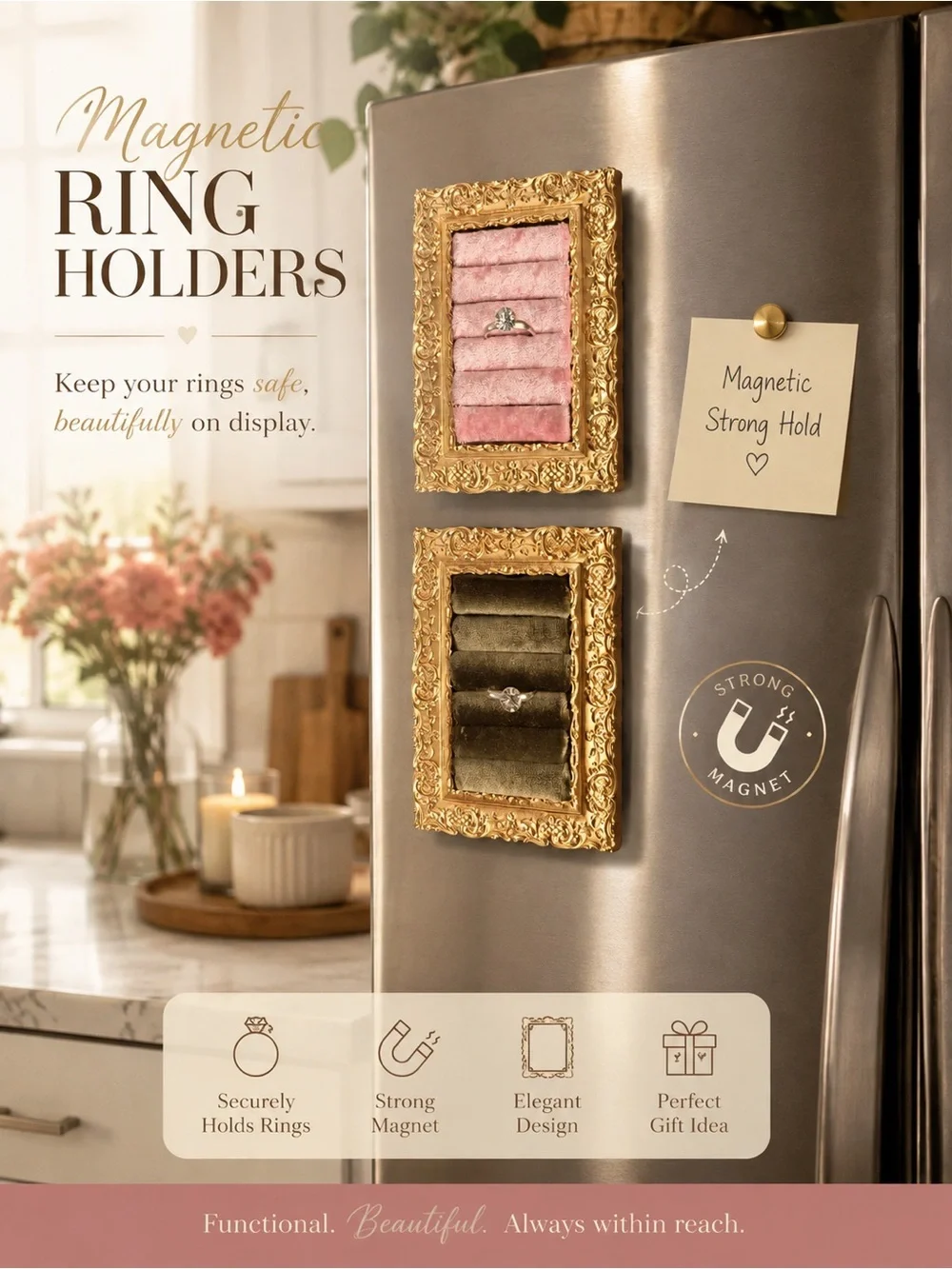 Magnetic ornate Gold frame ring holder
